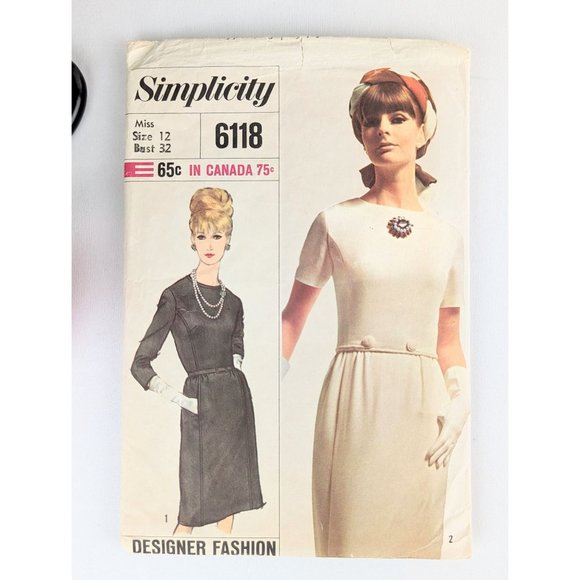 1965 Designer Fashion Dress Sewing Pattern 32" Vtg 60s Mod Dress Pattern Sz 12 - Picture 2 of 6